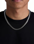 Model wearing 8mm white gold plain cuban chain set by Iceman Society, front view