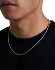 Model wearing 3mm white gold rope necklace by Iceman Society, side view