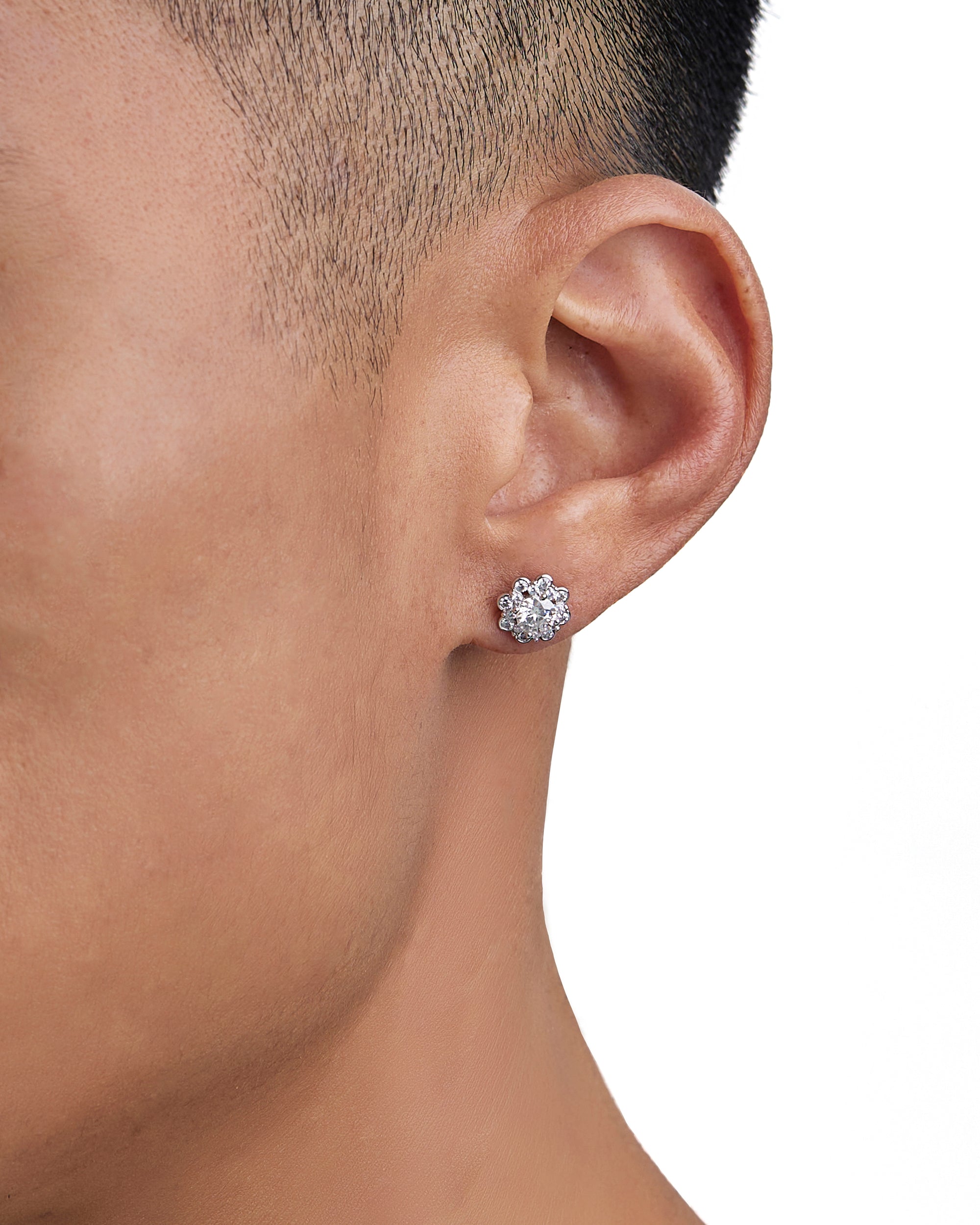 Model wearing white gold moissanite earrings by Iceman Society
