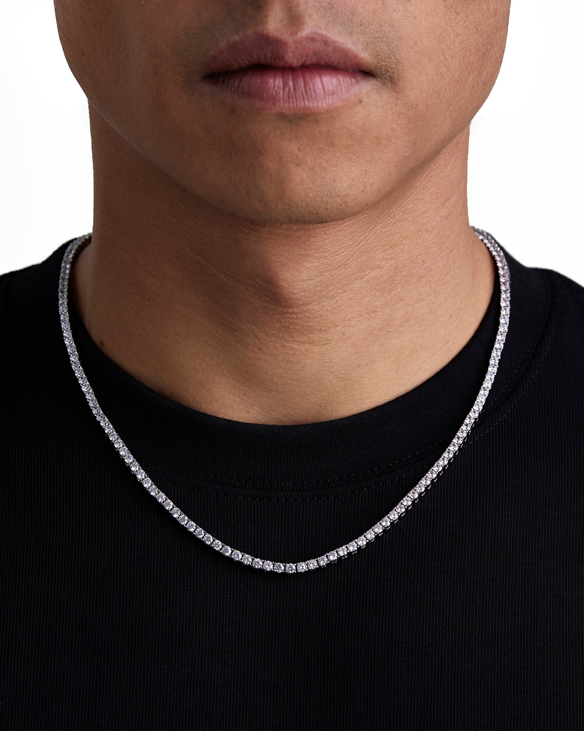 Model wearing 3mm white gold tennis necklace by Iceman Society, front view