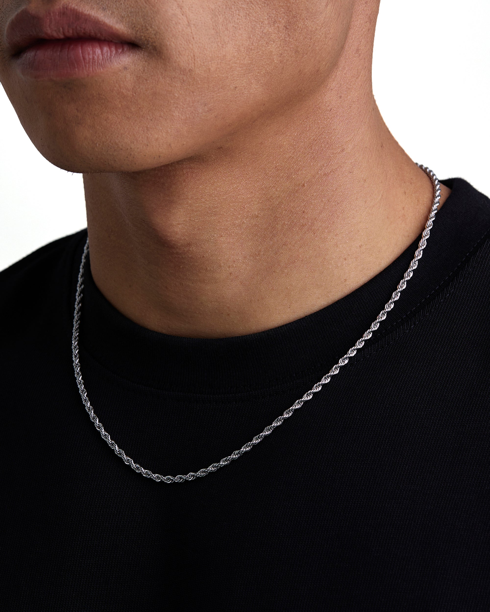 Model wearing 3mm white gold rope necklace by Iceman Society, side view