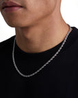 Model wearing 4mm white gold rope necklace by Iceman Society, side view