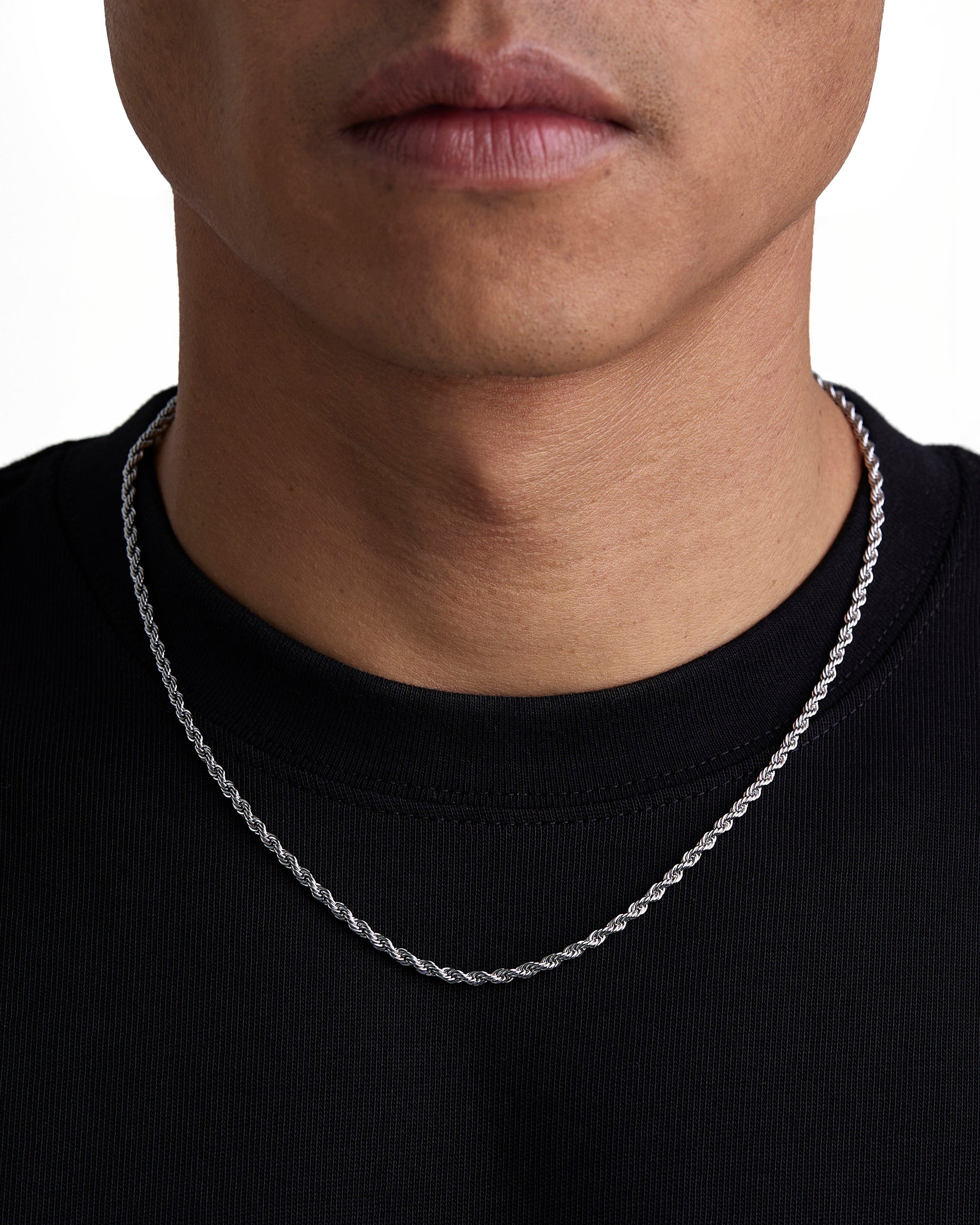 Model wearing 3mm white gold rope chain set by Iceman Society, front view